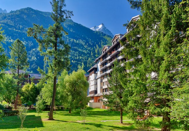 View of Chamois blanc building and Aiguille du Midi